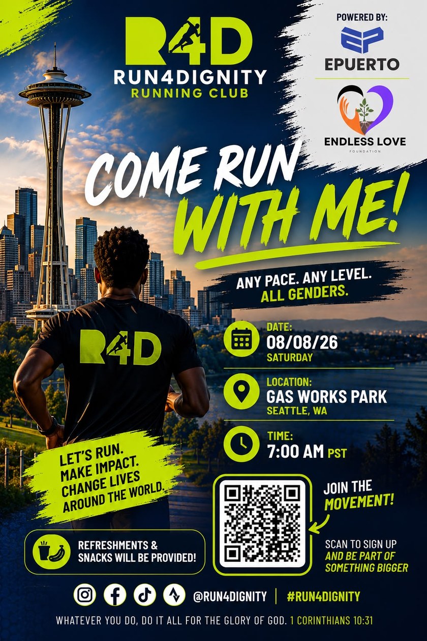 Run4Dignity Running Club — Come Run With Me. Saturday 08/08/26, Gas Works Park, Seattle WA, check-in from 7:00 AM.